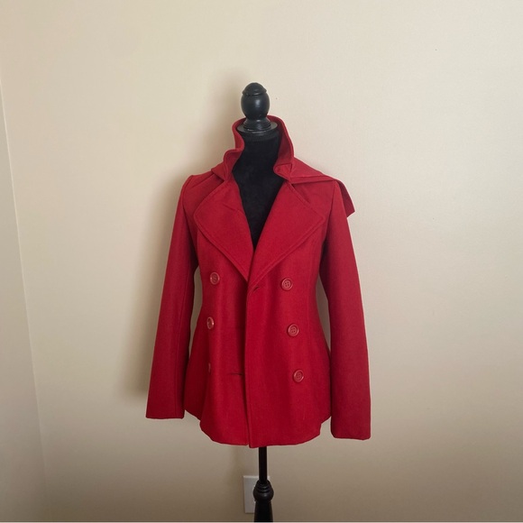 Women’s Coat Jacket Red Double Breasted with hood, like new condition 23” S/P - Picture 1 of 8